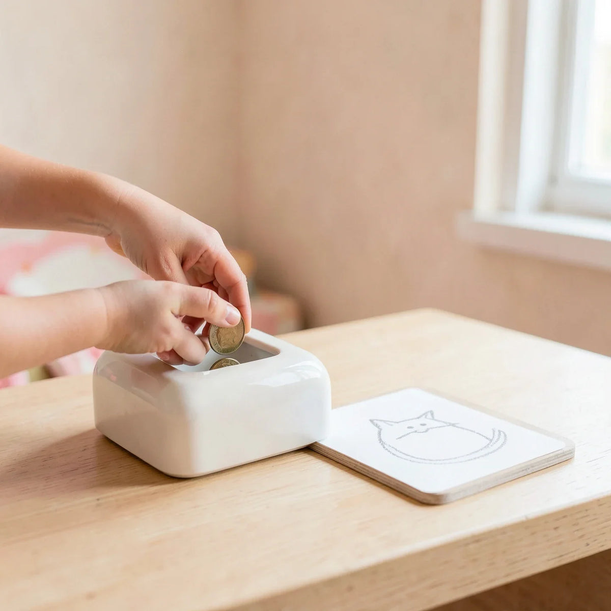 A child putting a coin into a savings bank beside a drawing slate
