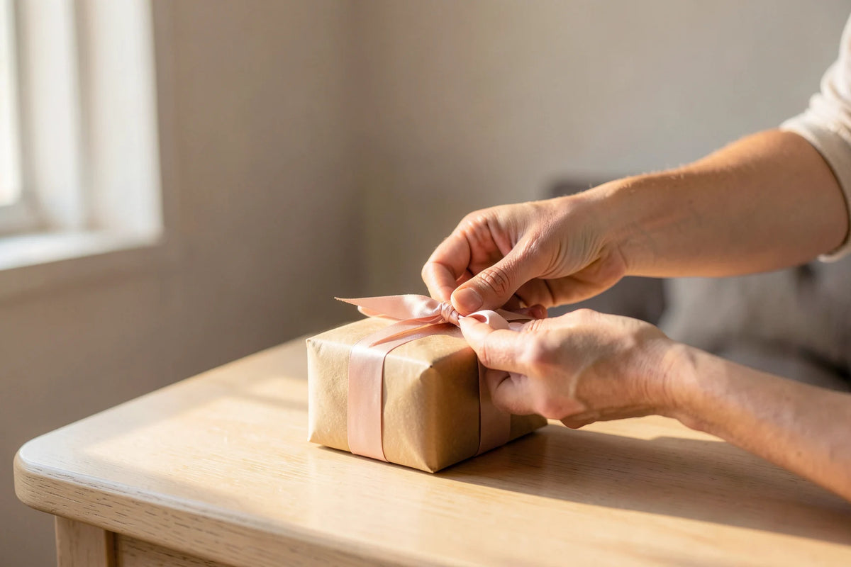 Hands tying a ribbon around a wrapped gift on a wooden table