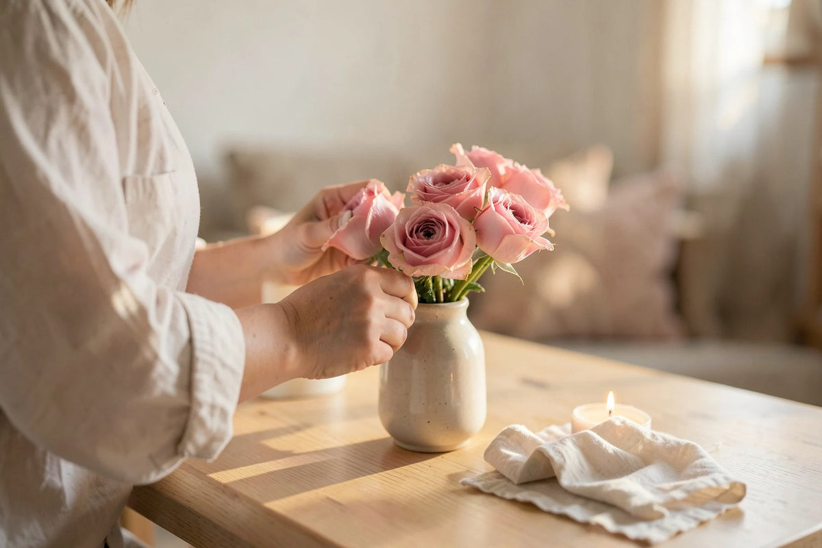 Hands arranging pink roses in a ceramic vase beside a lit candle